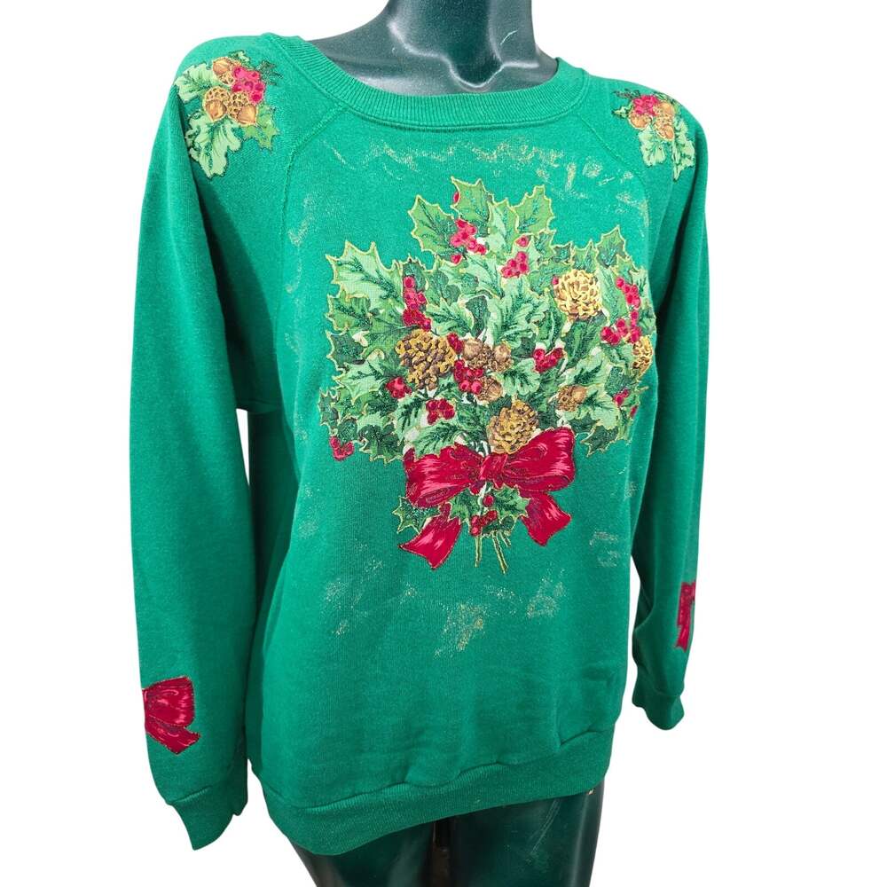 VTG 80s Pannill Hanes Green Holly Wreath Ugly Christmas Sweatshirt Grannycore L